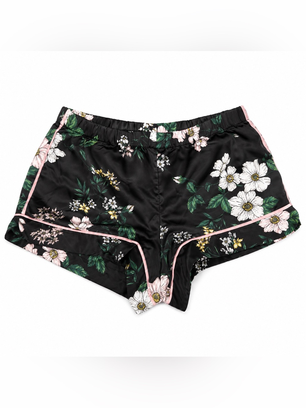 Black floral Satin shorts with‎ white & pink flowers and green leaves, size S